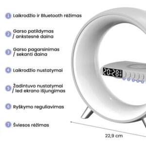 Світлодіодний світильник з бездротовою зарядкою для телефону, колонкою і будильником Užsisakykite Trendai.lt 15