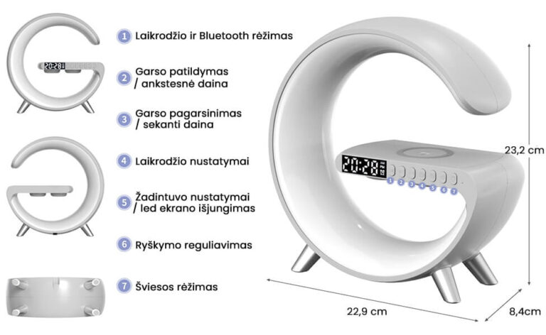 Світлодіодний світильник з бездротовою зарядкою для телефону, колонкою і будильником Užsisakykite Trendai.lt 8